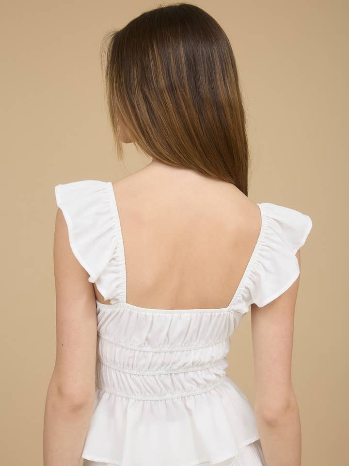 Blu Pepper - Wholesale Blouse - Women's - RUFFLE TRIM FRONT TIE SHIRRED WAIST BLOUSE