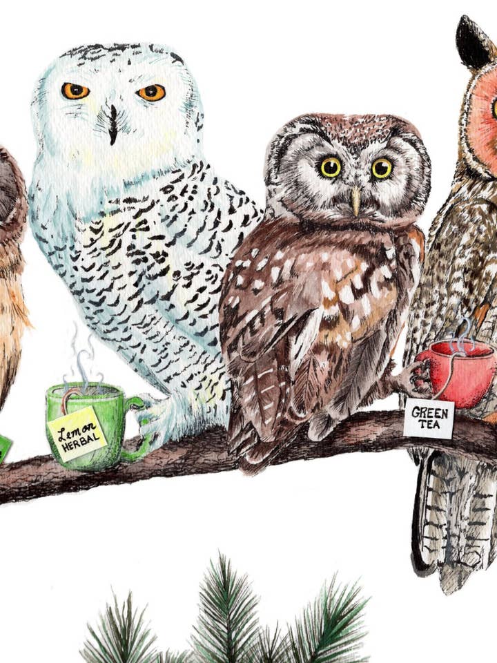 Tea Owls Funny Owl Tea Time Signed Archival Art Print for wholesale by Holly Simental