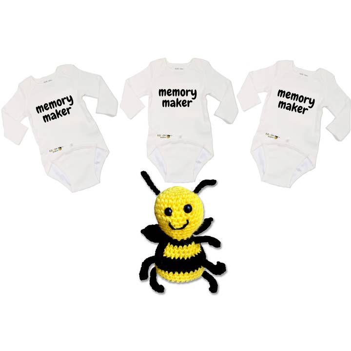 EZ-On BaBeez™ Set of 3 - New-Born to 3 Months Memory Maker Long Sleeve Baby Bodysuit in White and An Abbee Toy for wholesale by EZ-On BaBeez