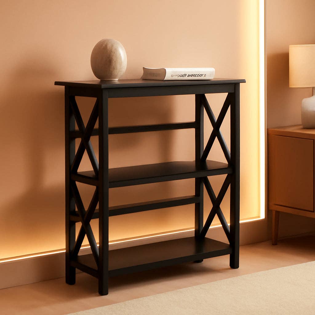 Montego 3 Shelf Bookcase Black Solid Wood Construction for wholesale on Faire0