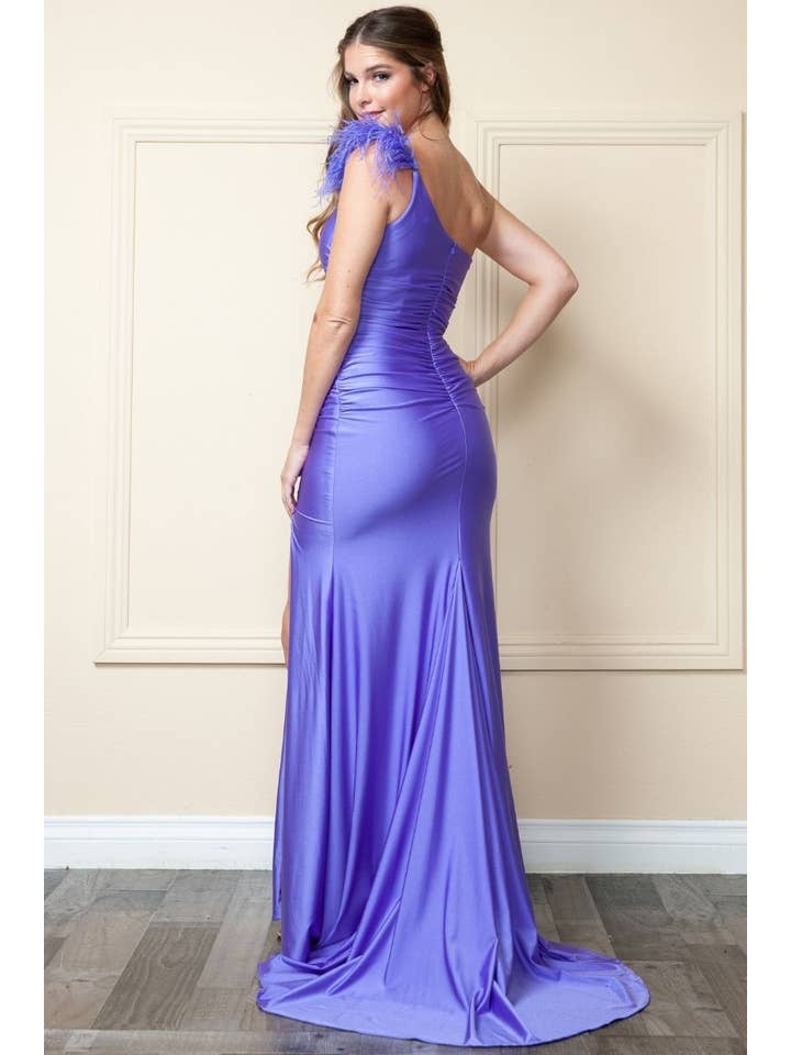 POLY USA - Wholesale Gown – Women's - 9068- One shoulder Feather detail Spandex Dress9