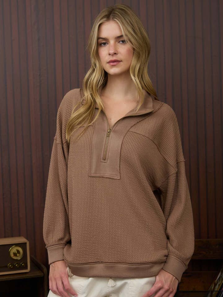 HALF ZIP COLLARED LONG SLEEVE WAFFLE KNIT TOP for wholesale by Blu Pepper