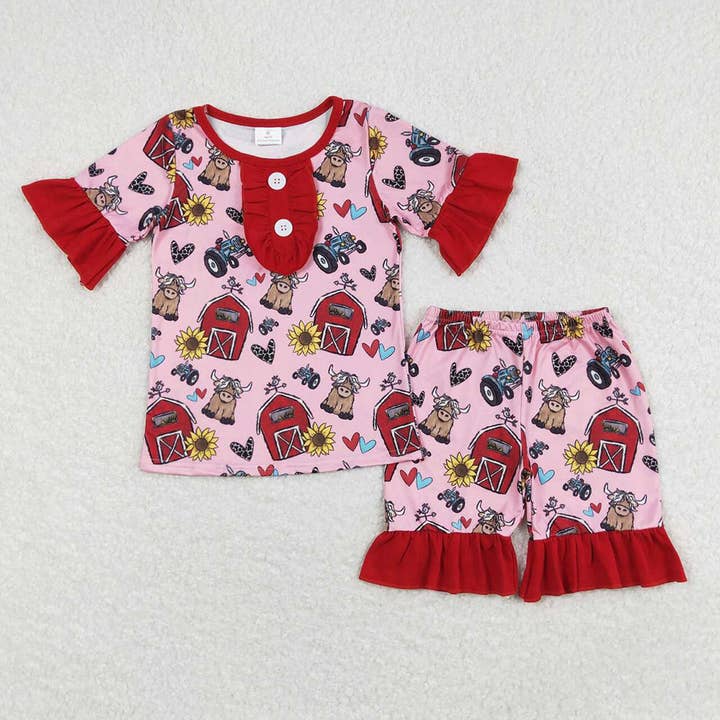 Baby Girls Red Farm Sunflower Shirt Top Ruffle Shorts Pajama for wholesale by Aier Wholesale