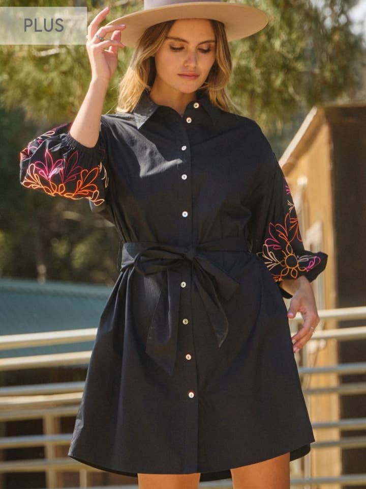 Plus Embroidered Puffed Sleeve Poplin Shirt Dress for wholesale by Oddi