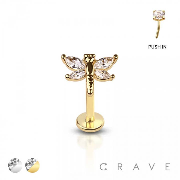 CZ PRONG DRAGONFLY THREADLESS (PUSH IN) 316L SURGICAL STEEL for wholesale by CRAVE BODY JEWELRY