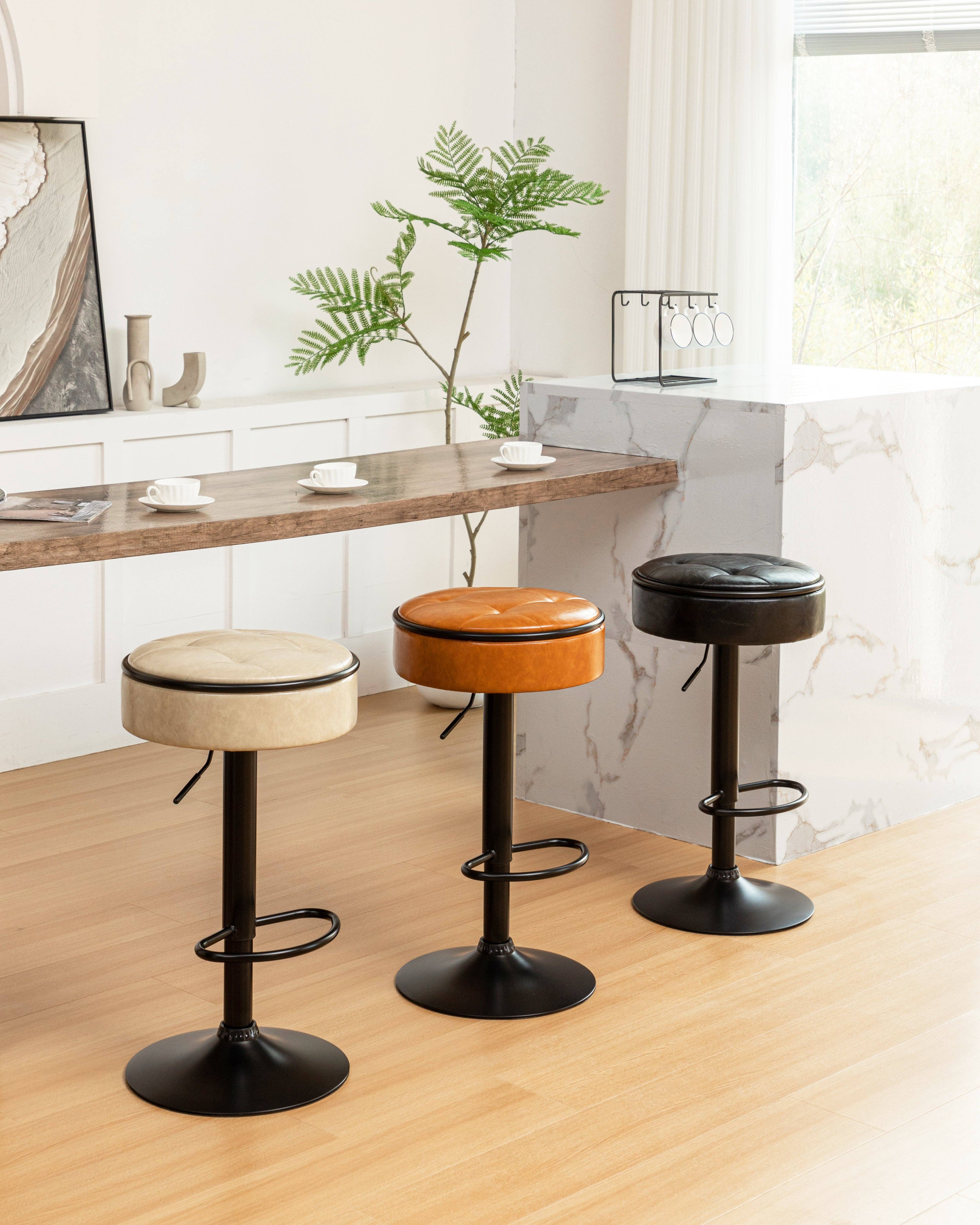 Orange County Decor - Wholesale Stool - Round Storage Bar Stool Set Of 2, Khaki Faux Leather Height Adjustable Barstool, 360 Counter Height Swivel Stool, Armless Bar Chair With Metal Frame For Kitchen Counter Dining Living Room Khaki Set0