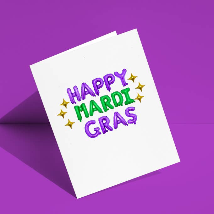 Happy Mardi Gras Balloon Greeting Card for wholesale by Ninalem's Party