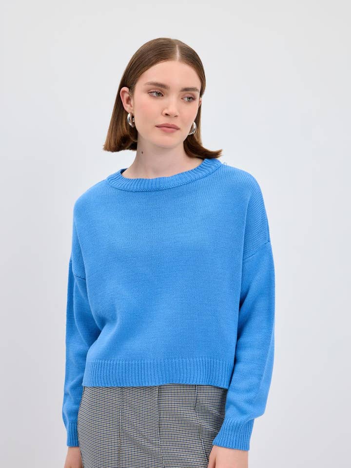 Camisola de Malha Básica Azul por atacado de Kadriye Baştürk