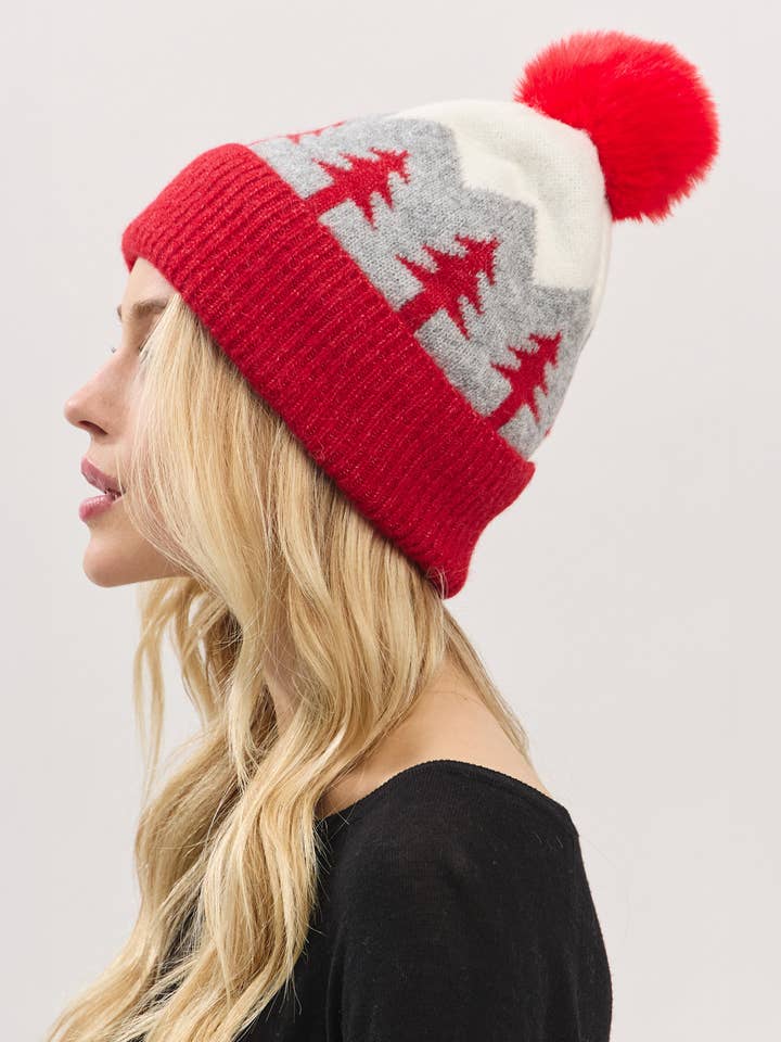 Holiday Pine Tree Pattern Fleeced Pom Beanie Hat for wholesale by Hana