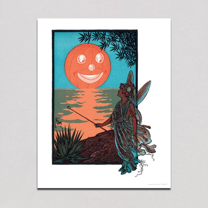 Fairy & Pumpkin Moon - Halloween Print for wholesale by Laughing Elephant