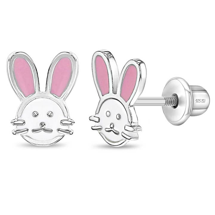 925 Sterling Silver Pink & White Enamel Bunny Stud Earrings for wholesale by In Season Jewelry