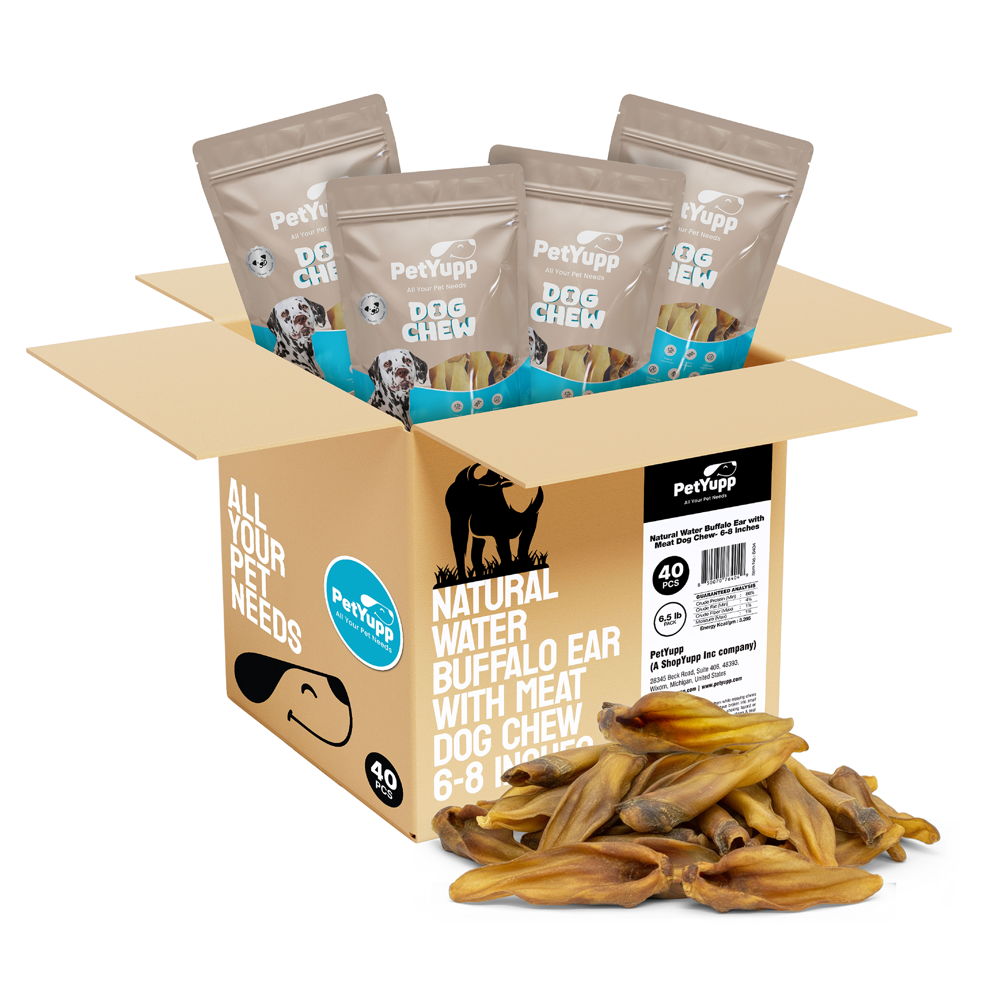 PetYupp - Wholesale Pet Treats - Dog - Dog Bulk Treats - Buffalo Ear with Meat - Pack of 40 pcs1