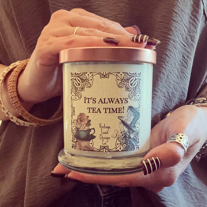 Vintage Luxe Design Co. - Wholesale Jar/Filled Candle - Alice Wonderland Tea Party 10 Oz Soy Wax Candle Mad Hatter