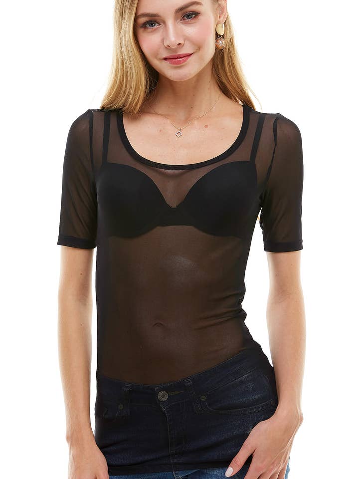 Loving People See Through Top in rete con scollo rotondo a maniche corte per la vendita all'ingrosso da parte di LOVING PEOPLE