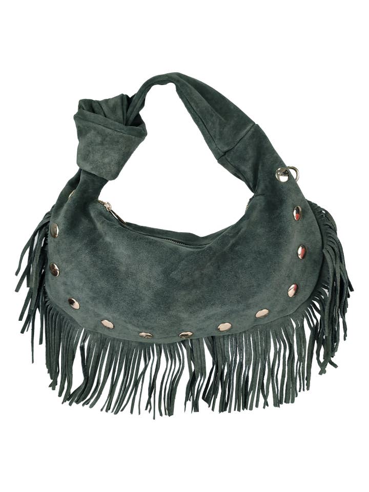 Borsa a mano in suede con frange e borchie per la vendita all'ingrosso da parte di Florence Leather