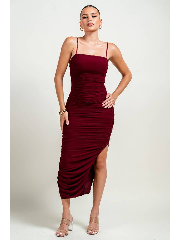 PRIVY - Vente Robe – femme - PD6771NW_LUX ROBE MIDI FENDUE CÔTÉ OUVERT EN MAILLE FRONCÉE