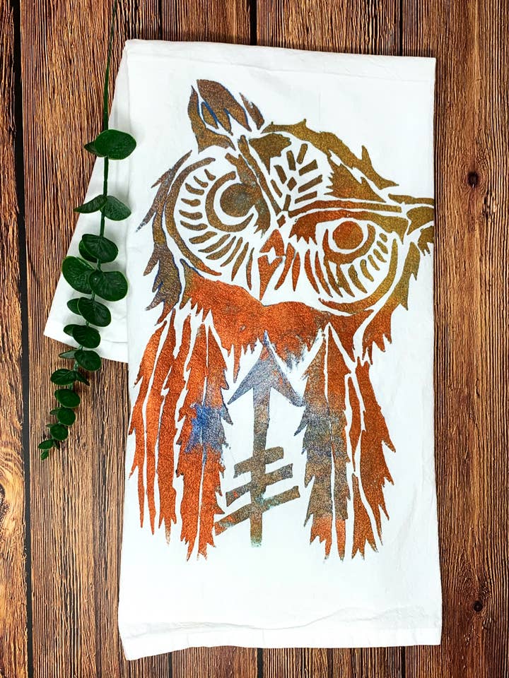 Owl Hand Painted Dish Towl for wholesale by Third Wolf Designs