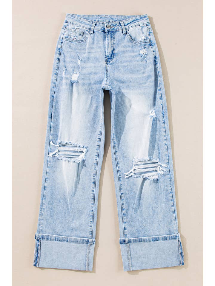 Beau Blue Light Wash Distressed Flare Jeans for wholesale on Faire