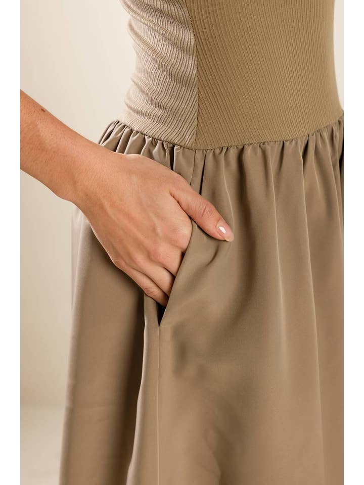 A solid knit/woven combination midi dress - FD1147 TAUPE for wholesale on Faire