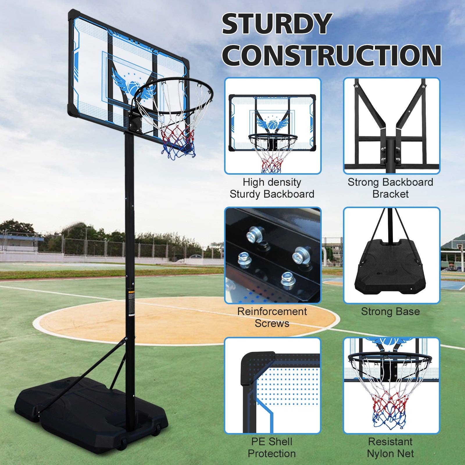 39F Inc. - Wholesale Sporting Accessories - Adjustable Basketball Hoop, 4.74-10 FT, Portable Stand4