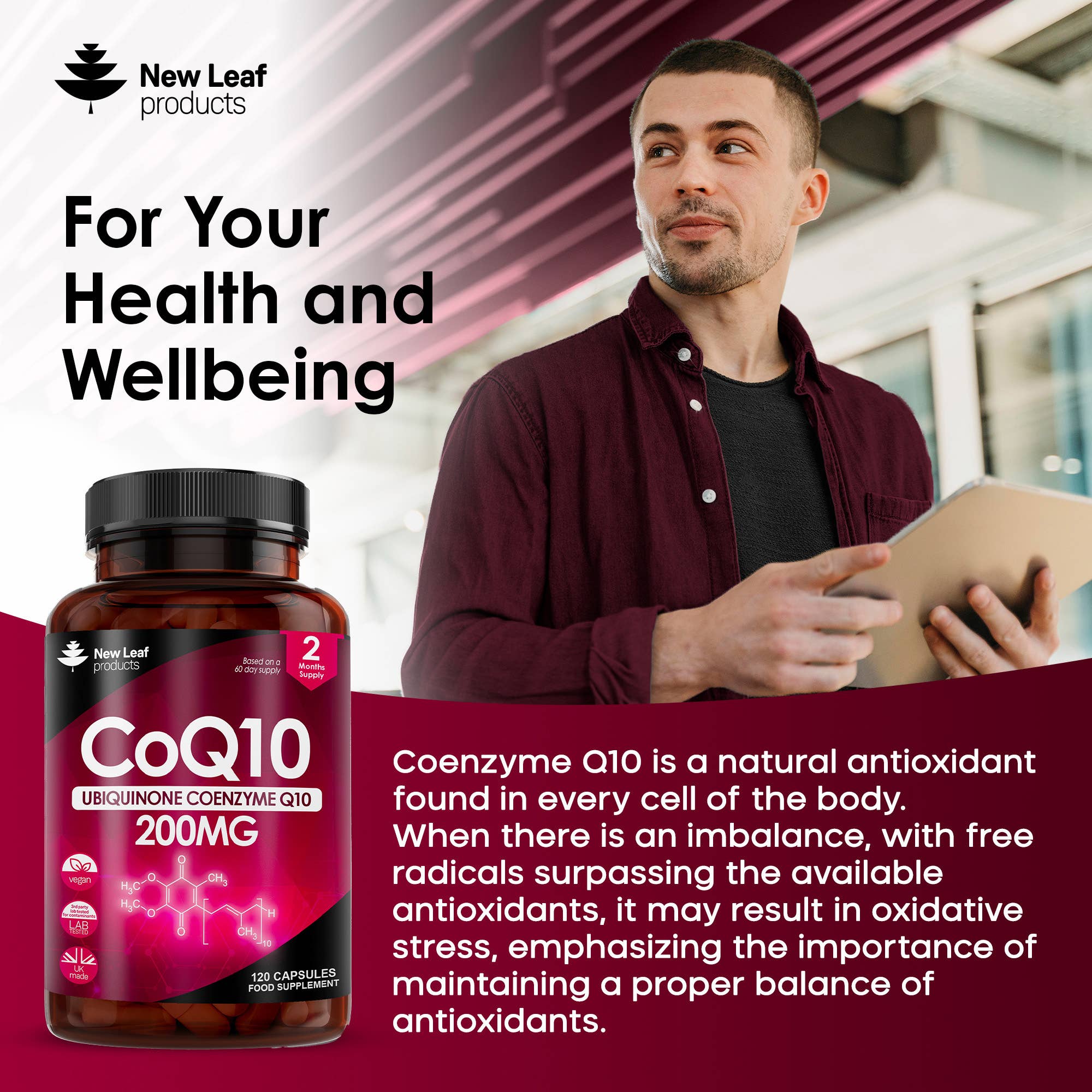 New Leaf products Ltd – wholesale Oral supplement/vitamin – CoQ10 200mg - Co Enzyme Pure Ubiquinone 120 Vegan Capsules2