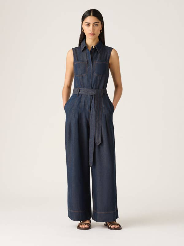 Indigo Cleo Denim Jumpsuit for wholesale on Faire