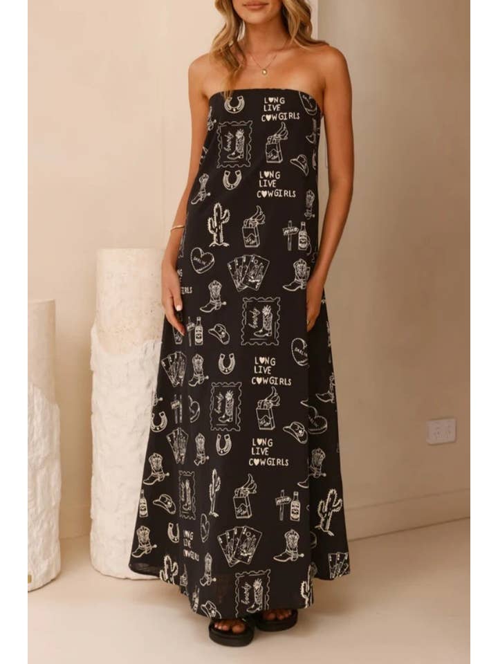 Rosa Clothing - Wholesale Dress - Women's - Western cowgirl Desert Theme print strapless dress10
