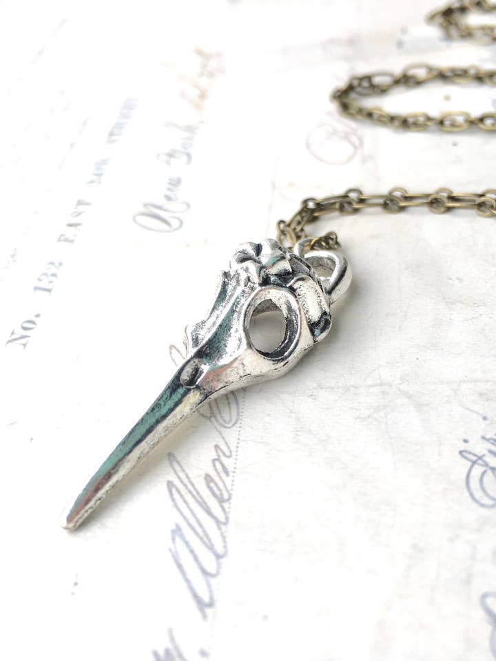 Plague Doctor Bird Skull Necklace Silver Skull Charm 18" for wholesale by Red Truck Designs