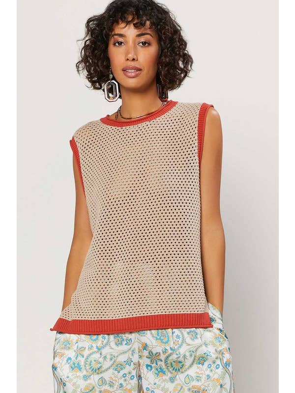 Sand Slvless Open Knit Sweater W/ Contrast Accents for wholesale on Faire