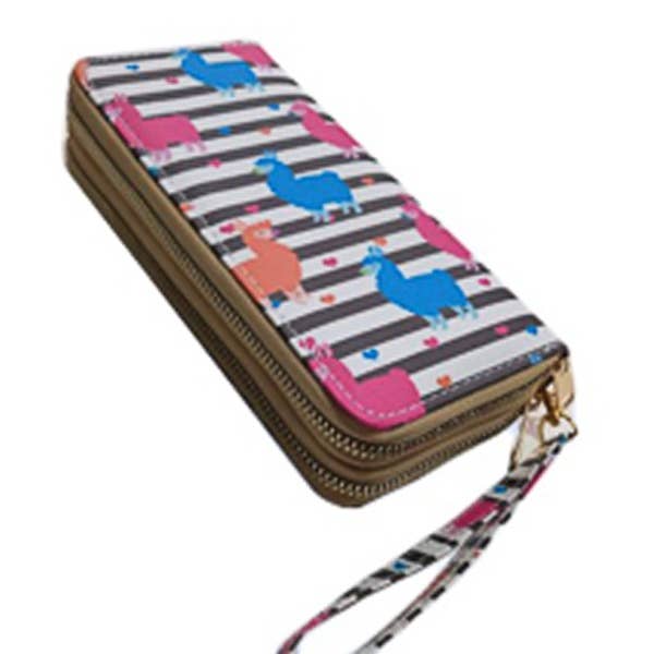 Cap Zone - Wholesale Wallet - Women's - Colorful Stripe Llama Print Double Zipper Wristlet Wallet