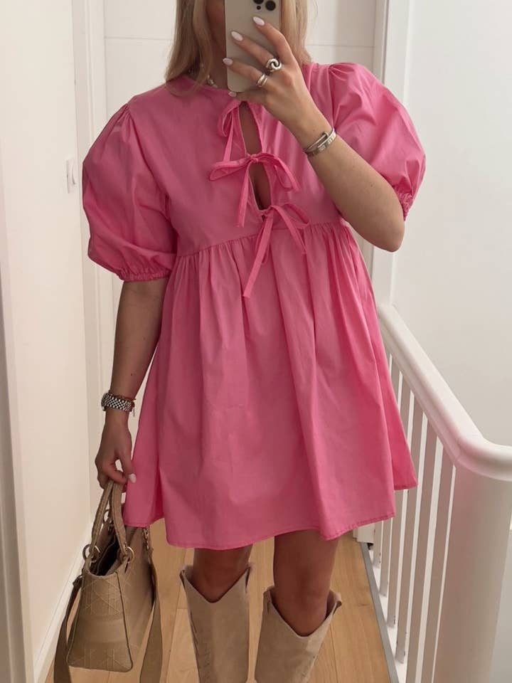 Summer Round Neck Puff Sleeve Lace-Up Dress for wholesale by Rosa Clothing