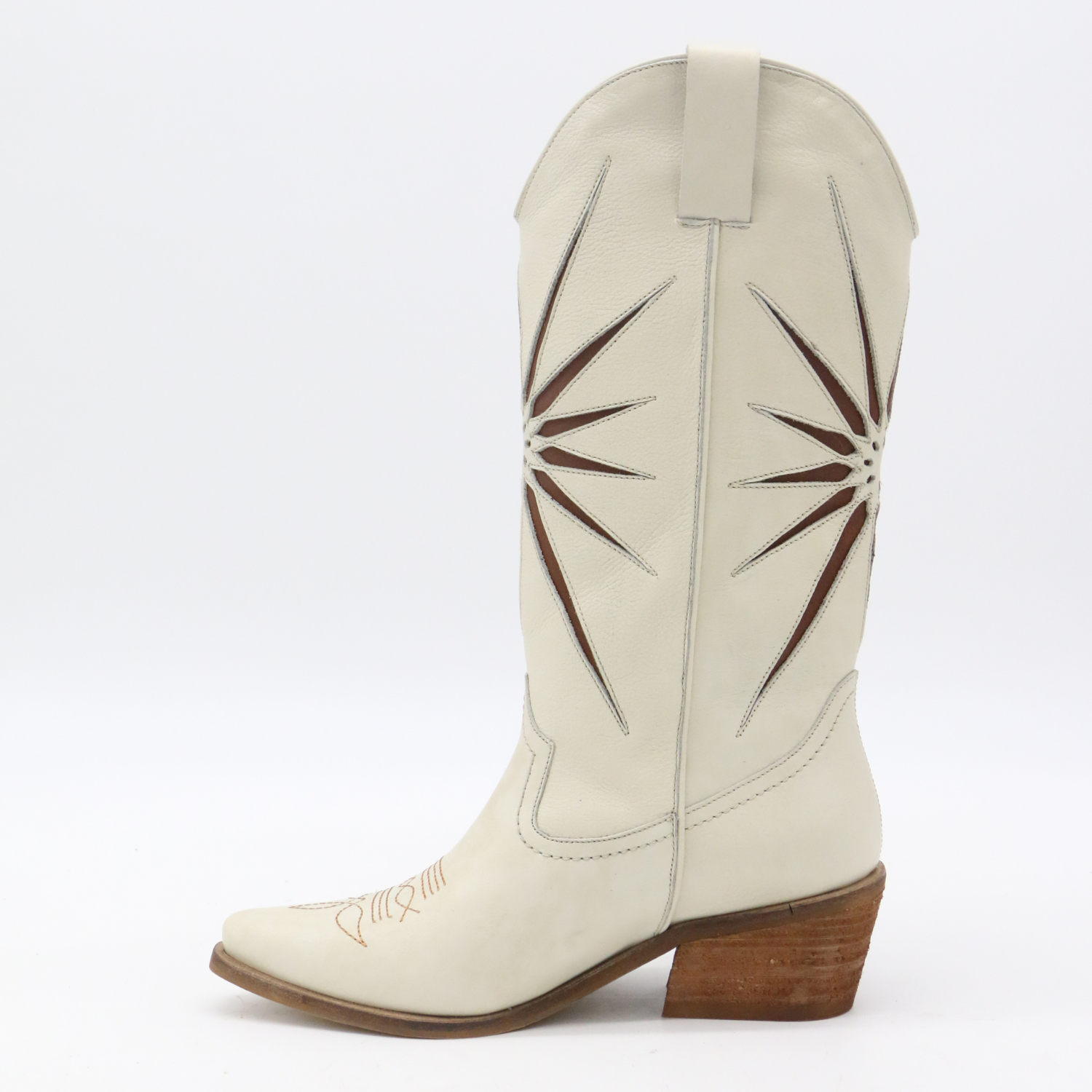 Elfenbein Mondaufgang Western-Cowboystiefel aus elfenbeinfarbenem Leder Damenschuhe für den Großhandel auf Faire13