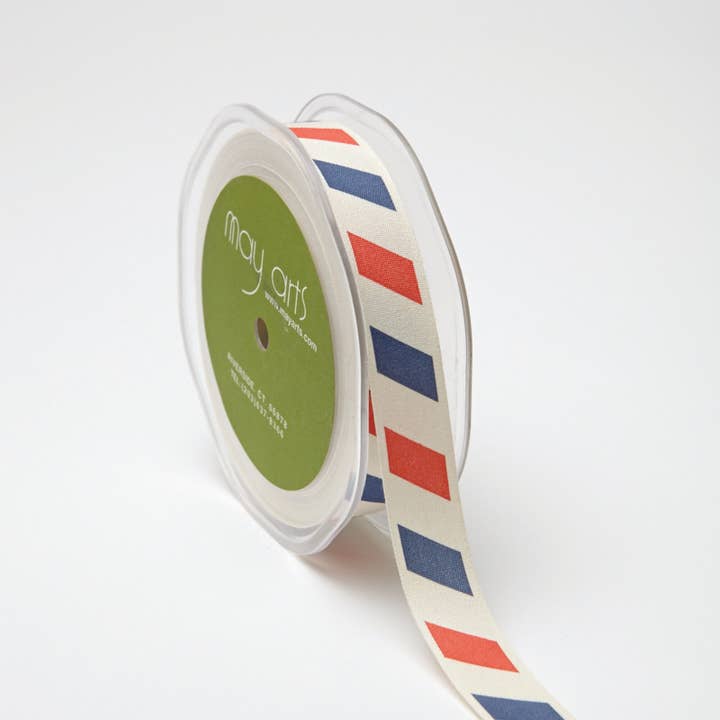 May Arts Ribbon – Engroshandel Bånd – 3/4 „Vintage Postal Stripe Print 100% Bomuldsbånd