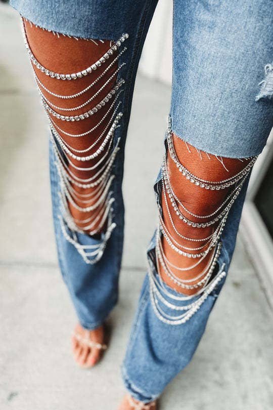 Rosa Clothing - Wholesale Jeans - Women's - Denim & Diamonds Rhinestone Chain Ripped Cut Out Jeans7