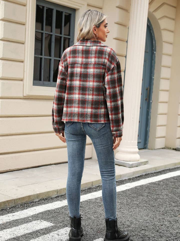 Lovesoft - Wholesale Shirt Jacket/Shacket - Women's - Long Sleeve Loose Pocket Plaid Top Wool Jacket