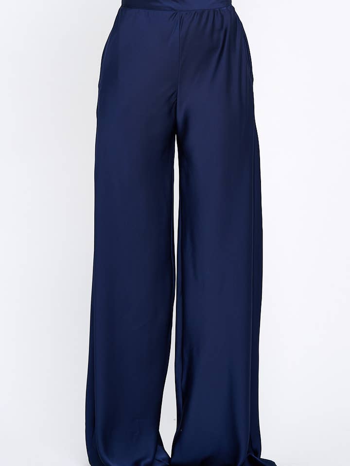 Made in USA Stretch Satin Pants w/ Elastic Waist and Pockets for wholesale by Renee C.