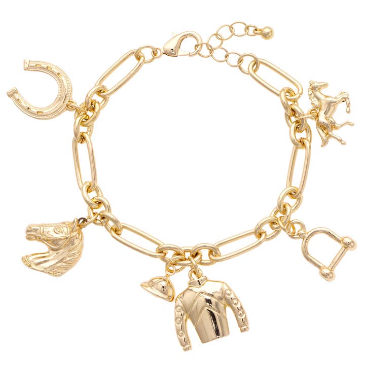 Blazzing Saddles Equestrian Charm Bracelet in Shiny Gold for wholesale by Canvas Style