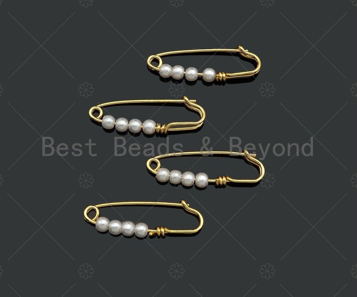 BestBeads&Beyond - Wholesale Clasp - Cute 18K Gold Safety Pin Clasp, Pearl On Clasp Safety Pin, Paper Clip Chain Connector Clasp, 8x24mm, Sku#Y392