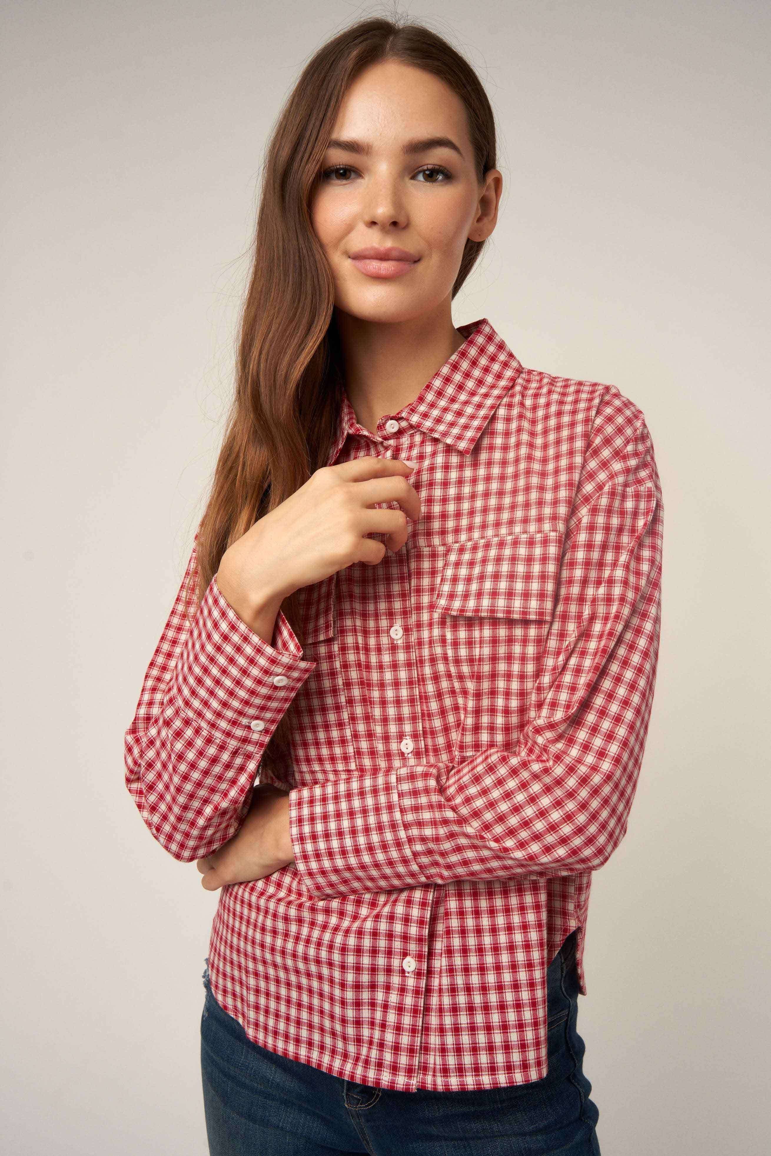 WINE SMALL GINGHAM BUTTON DOWN SHIRT for wholesale on Faire3