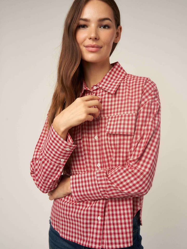 WINE SMALL GINGHAM BUTTON DOWN SHIRT for wholesale on Faire3