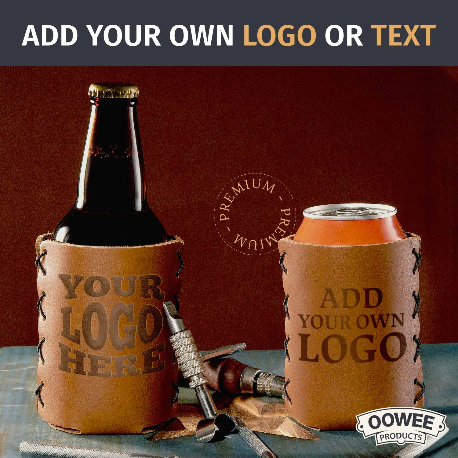 Oowee Products - Wholesale Drink Huggers & Koozies - Customizable Genuine Leather Can Holder Sleeve 6