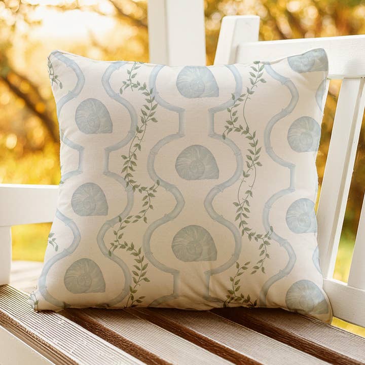 English Coastal Garden Shell Trellis blue outdoor pillows for wholesale by Melissa Dayton Art and Design