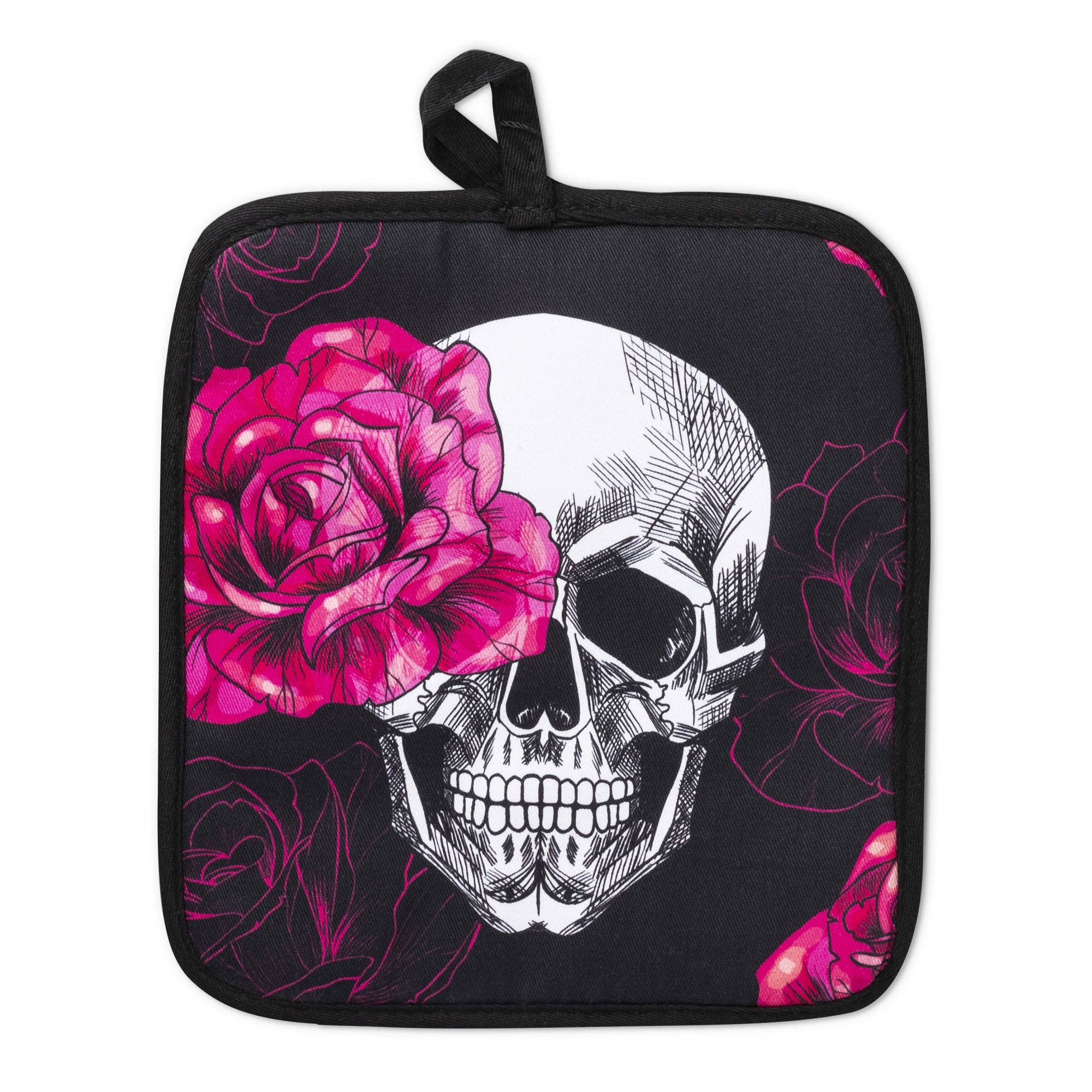 Zapps Clothing - Wholesale Oven Mitt/Pot Holder - Pink Skull Rose Oven Mitts And Potholder Set3