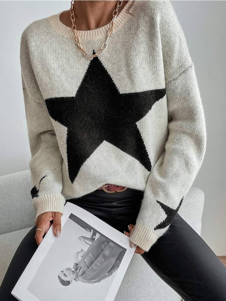 Queen Fashion - Wholesale Knit Sweater - Women's - drop shoulder star pattern sweater1