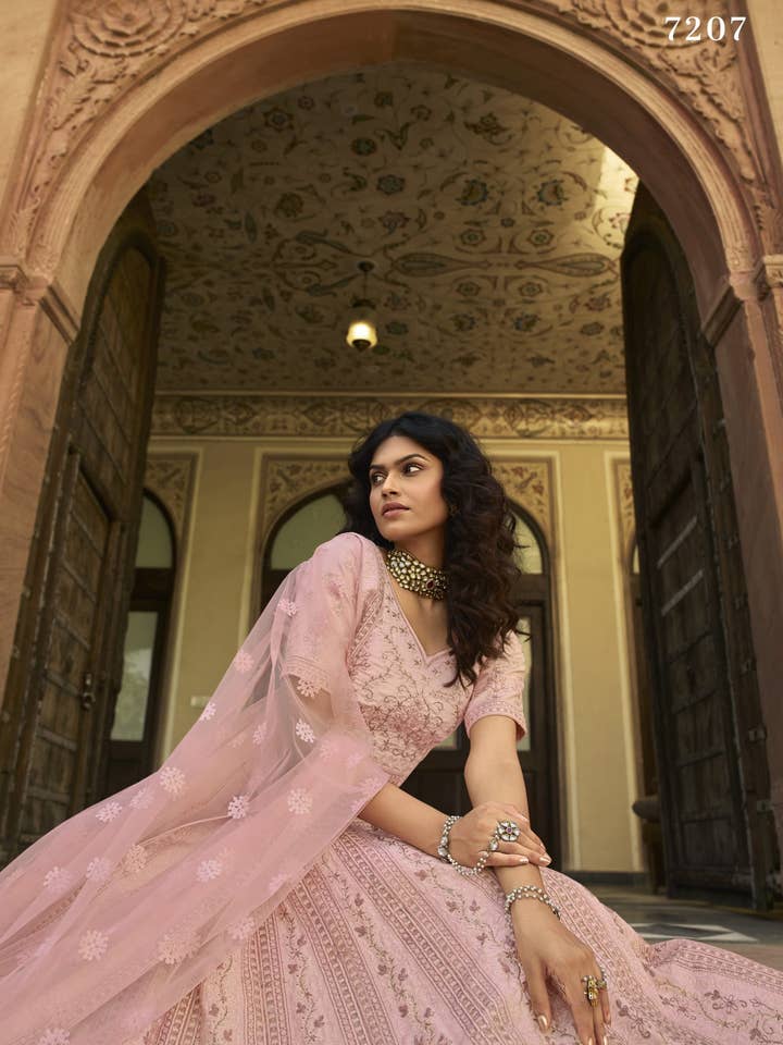 HATKE BRIDE – wholesale Top & skirt set – Women's – Baby Pink Satin Lehenga Choli for Marriage - Sequence & Thread Embroidery Work, Zari Work2