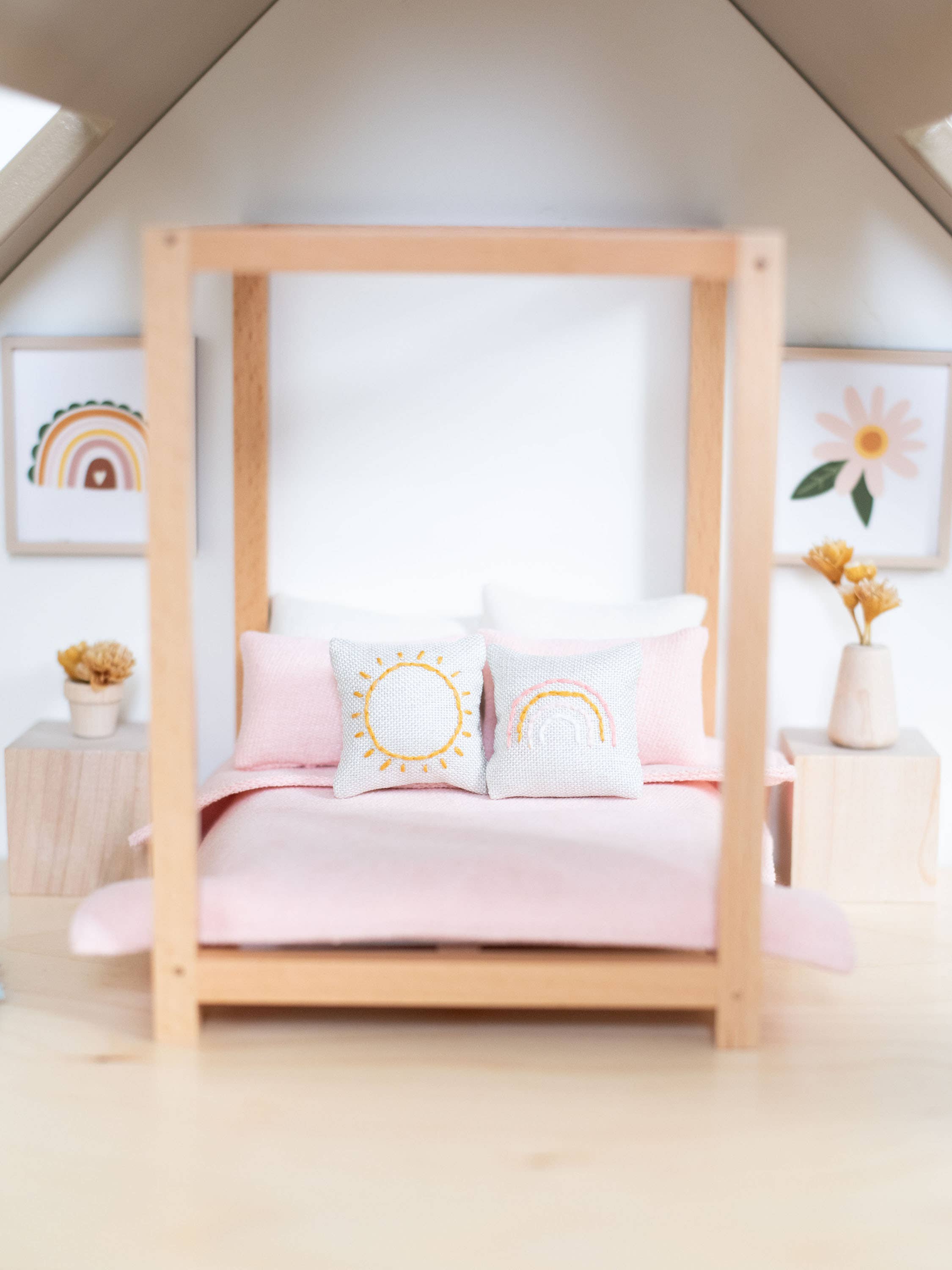 Macy Mae Dollhouse Designs - Wholesale Doll - Kids - Four Poster Bed + Mattress | Natural Wood8