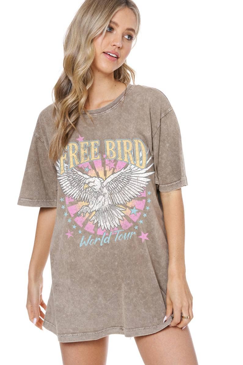 Zutter - Wholesale Screen Printed T-Shirt - Women's - Free Bird World Tour Graphic S/S Washed Boyfriend Fit Tee2