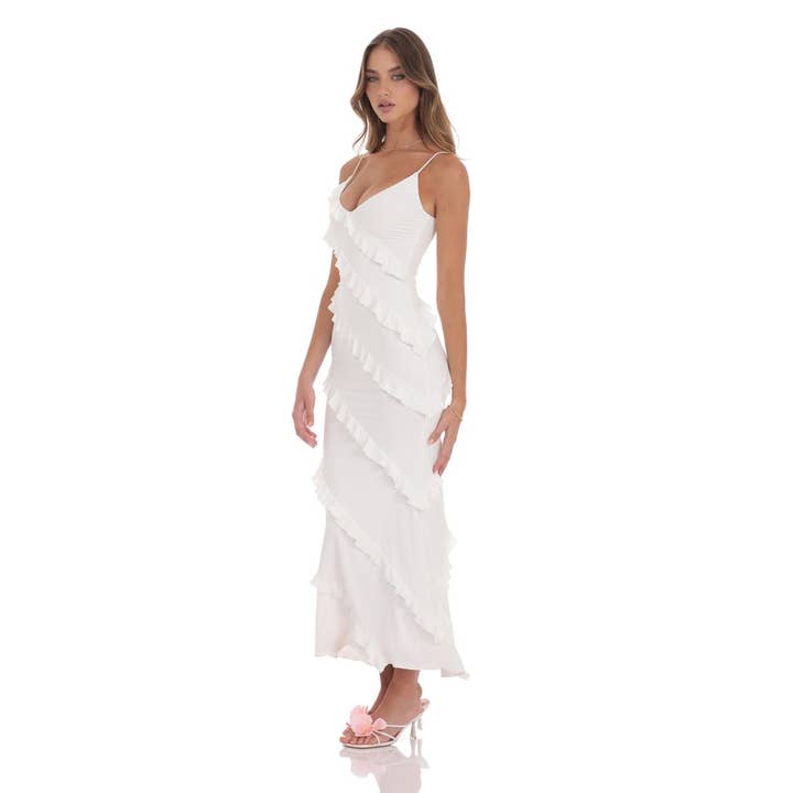 Lucy In The Sky - Wholesale Dress - Women's - Ruffle V-Neck Maxi Dress in White