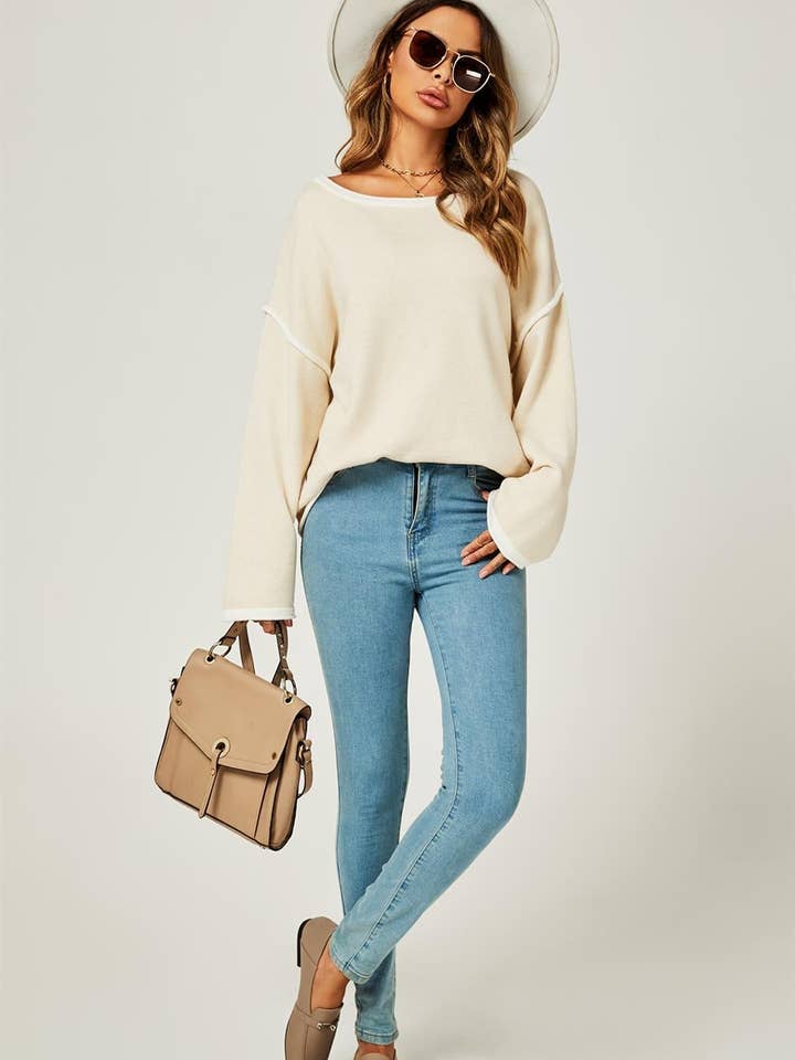 FS Collection (Germany) - Wholesale Knit Sweater - Women's - White Striped Oversized Jumper Top In Beige2