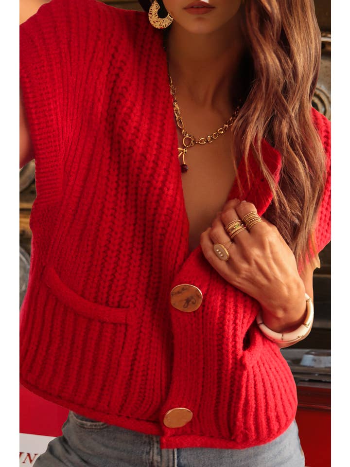 fashionworks - Wholesale Sweater Vest - Women's - Fashion-W Textured Knit Side Pockets Button Sweater Vest